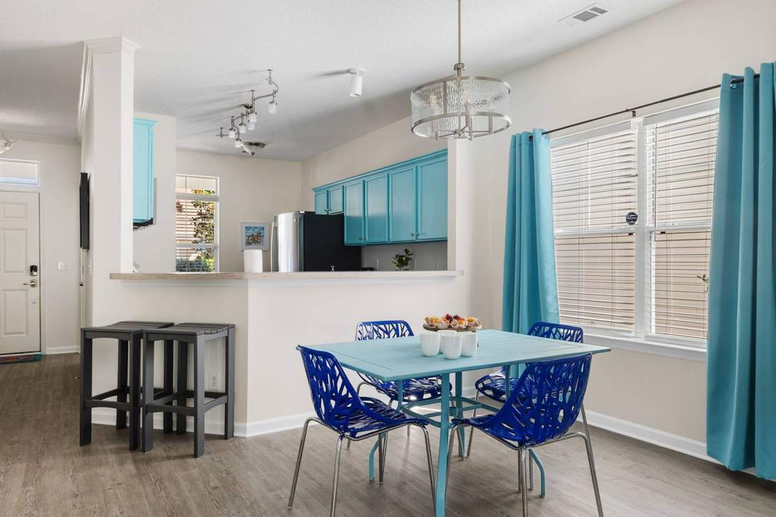 Dining nook with teal table