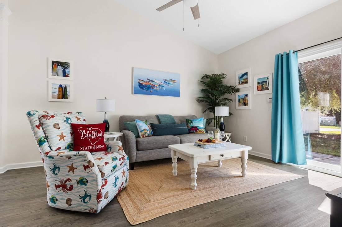 Living room with sofa and patterned accent chair